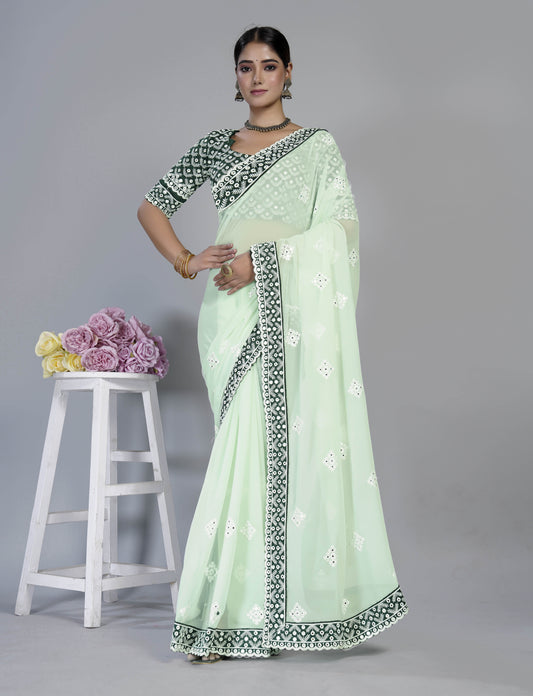 "Ethereal Splendor: The Thread & 9 mm Sequence Embroidered Lace Sari"