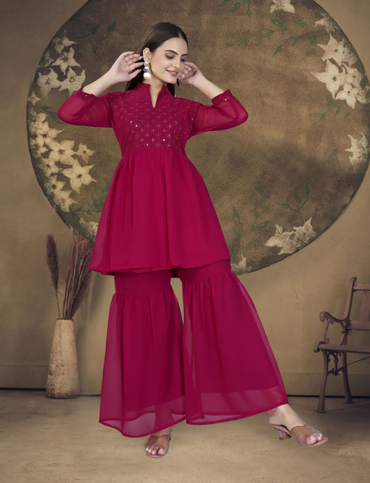 "Enchanting Elegance: Ready-to-Wear Kurta Sharara Set with Sequence Embroidery"